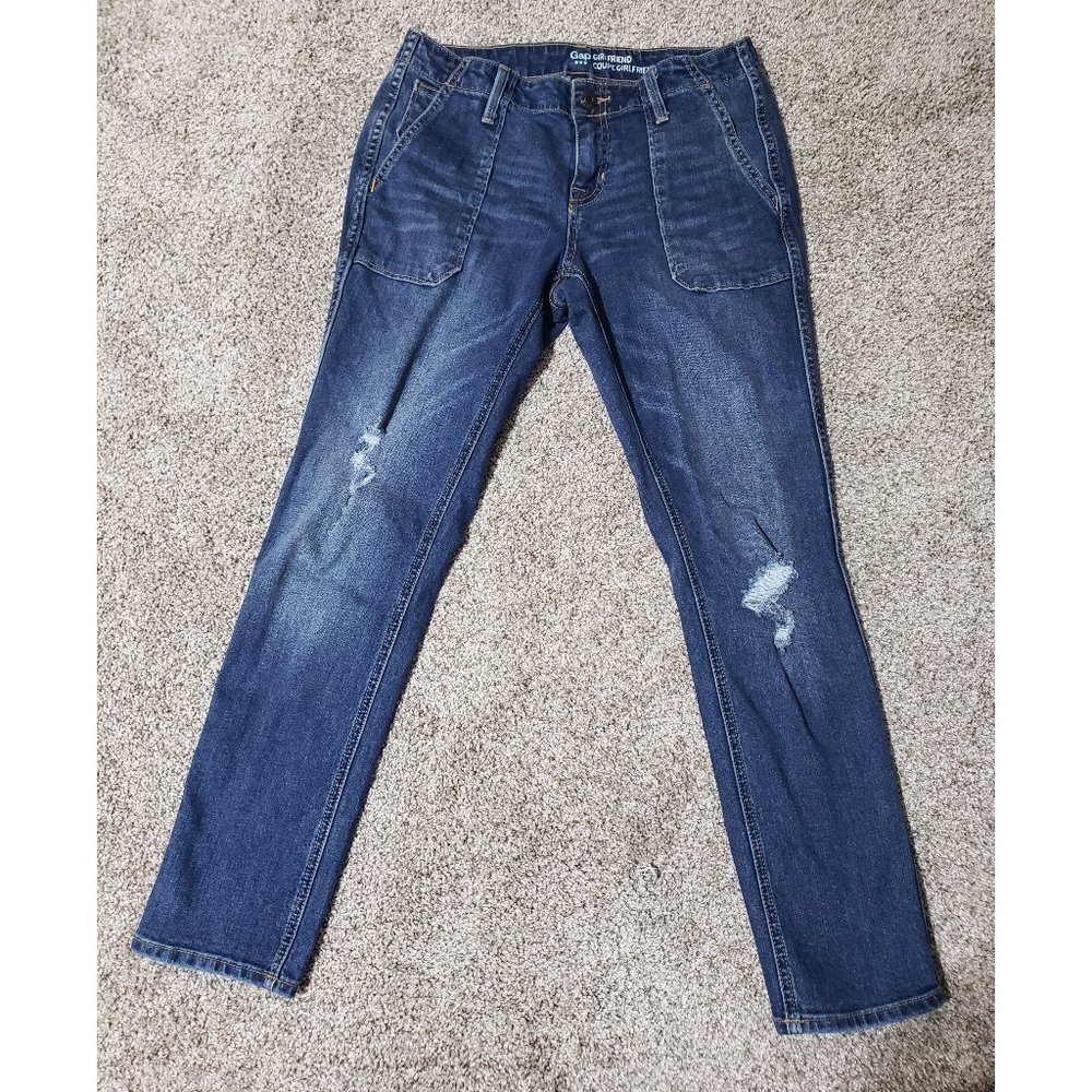 GAP Girlfriend Women's Jeans 2/26R Tapered Ankle Stretch Dark Denim Distressed